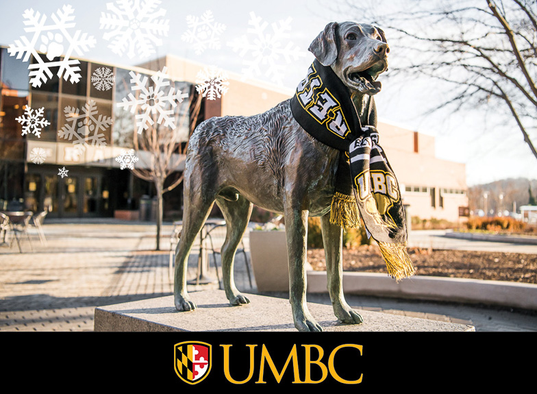 Sample image of True grit statue with design elements including snowflakes and UMBC logo
