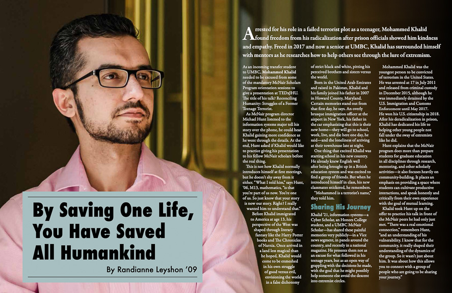 Image of a spread from UMBC Magazine feature about Mohammed Khalid