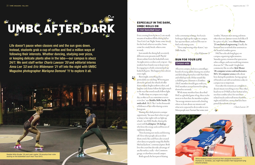 Image of a spread from UMBC Magazine feature about UMBC after dark