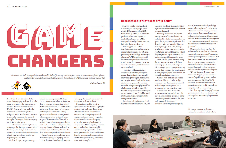 image of a spread from UMBC Magazine feature called "Game Changers" 