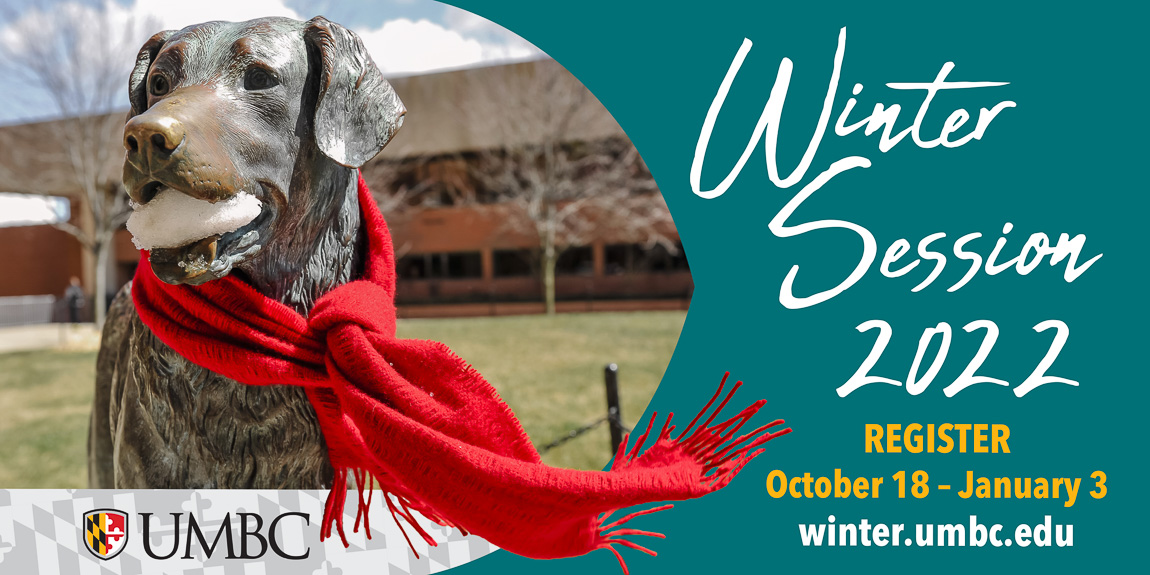 sample of photography and design together - image of True Grit statue with scarf extending onto the design about registration for Winter Session 2022